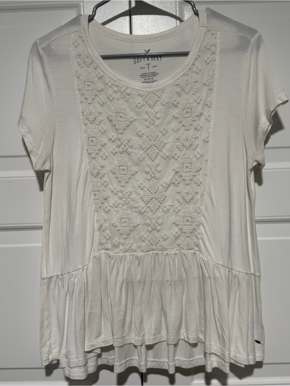 American Eagle Outfitters Cream Embroidered Peplum Top